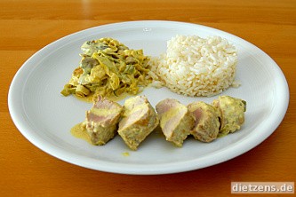 Schweinelende in Currylauch